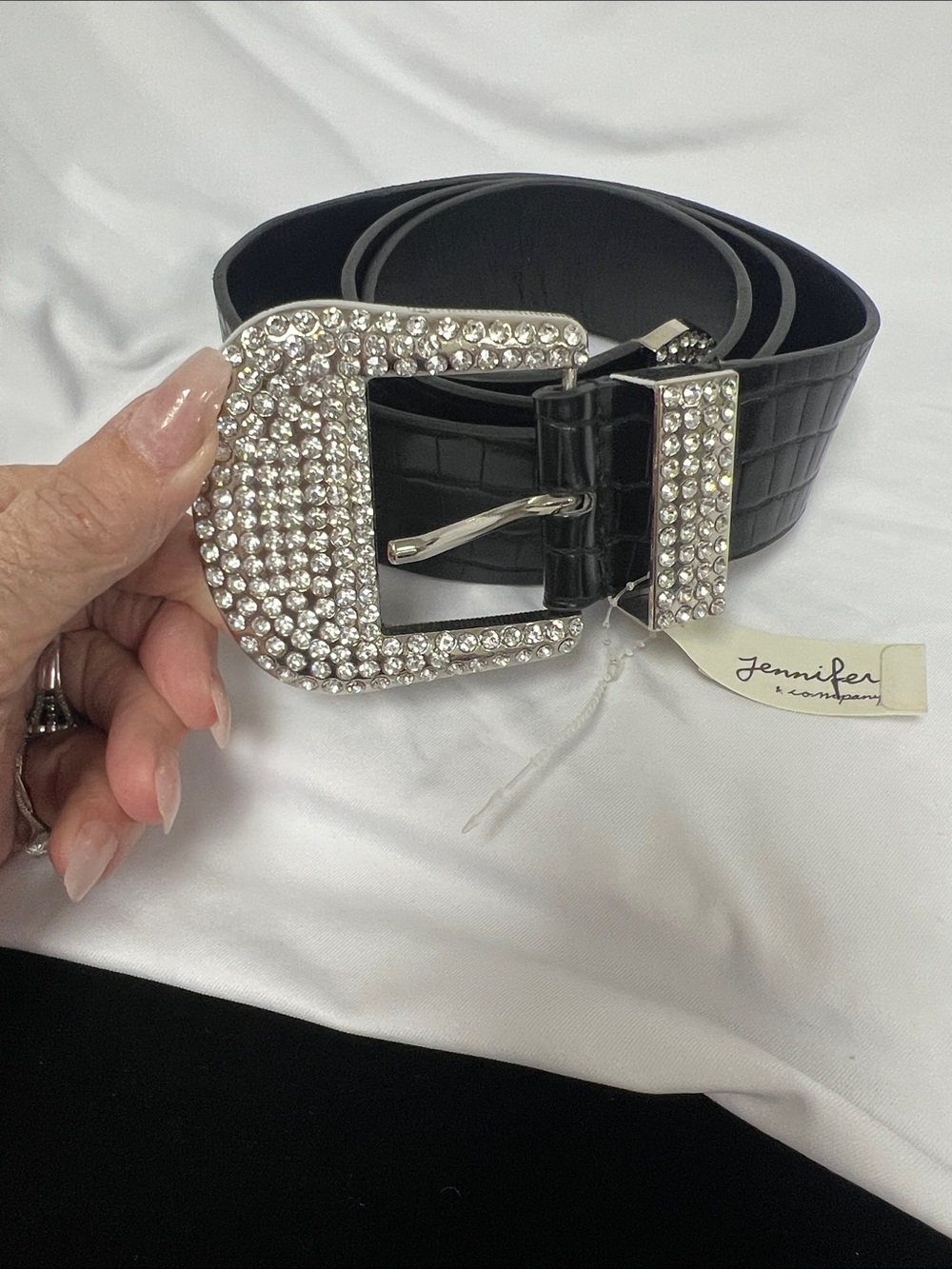 Jennifer Lopez Black Croc-Embossed Belt with Rhinestone Buckle